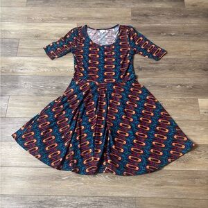 LuLaRoe Nicole Dress Sz 2XL Colorful Rainbow Stretch Comfort Boho Skater Artsy